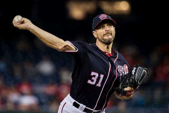 Nationals ace Max Scherzer pitches against the Atlanta Braves.