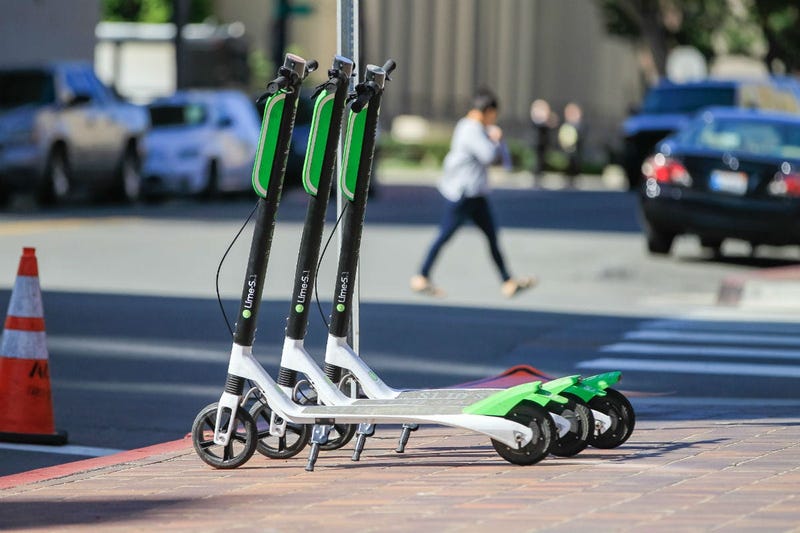 LimeBike scooters for rent on the corner of F Street and Front Street in downtown San Diego on March 1, 2018.