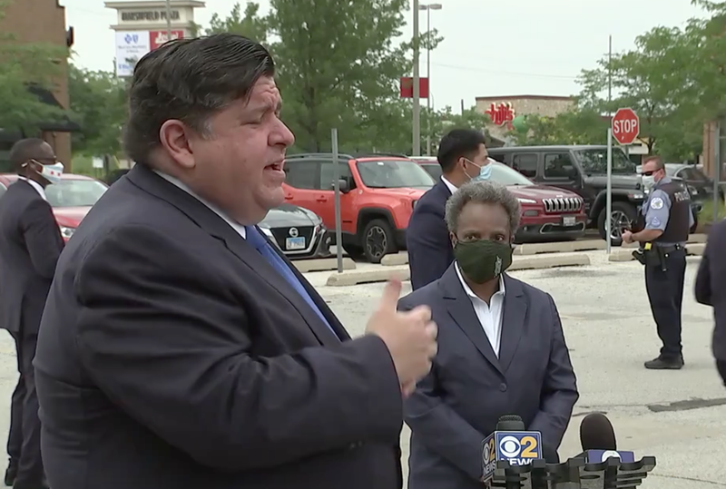 Governor Pritzker said he and Mayor Lightfoot talked earlier Monday as looting broke out from the North Side to the South Loop. He said the state is offering help.