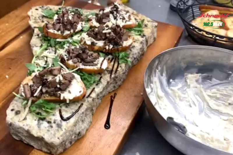 Wild mushroom crostini with smoky blue cheese and balsamic glaze