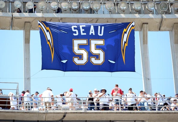 Junior Seau is remembered at a Chargers game following his death in 2012.