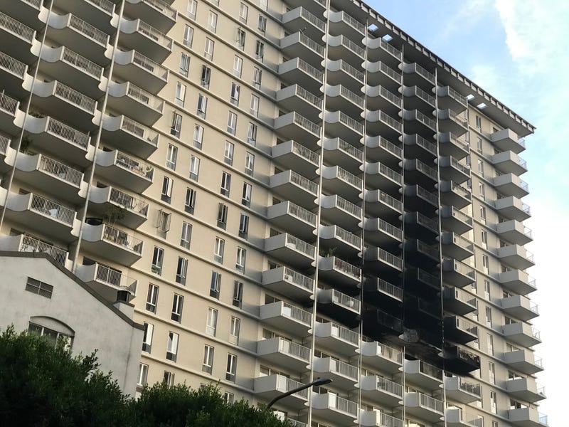 Damage from a fire in the high-rise Gateway apartment complex in San Francisco