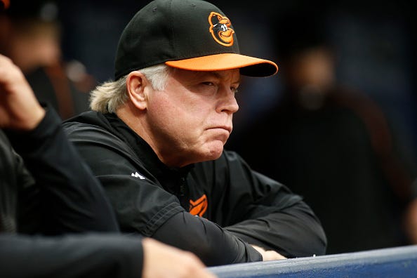 Orioles manager Buck Showalter watches from the dugout during a game in 2016.