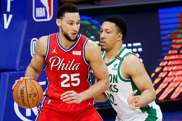 76ers Ben Simmons backs down on a defender