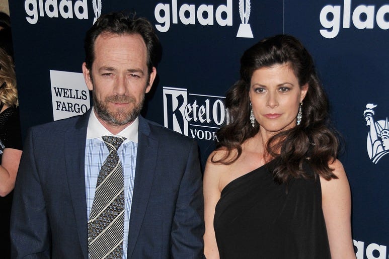 (L-R) Luke Perry and Wendy Madison Bauer arrive at the 28th Annual GLAAD Media Awards held at the Beverly Hilton in Beverly Hills, CA on Saturday, April 1, 201