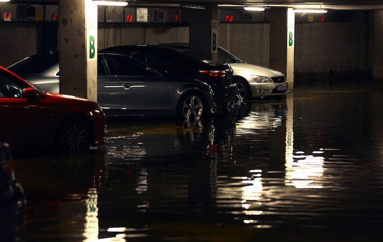 Parking Garage, Cars, Flooded, Water, Dark