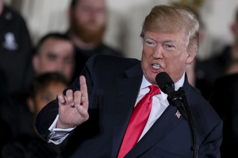 President Donald Trump speaks during an event for the Wounded Warrior Project Soldier Ride in the East Room of the White House on April 26, 2018, in Washington, DC. (Photo by Oliver Contreras/SIPA USA)