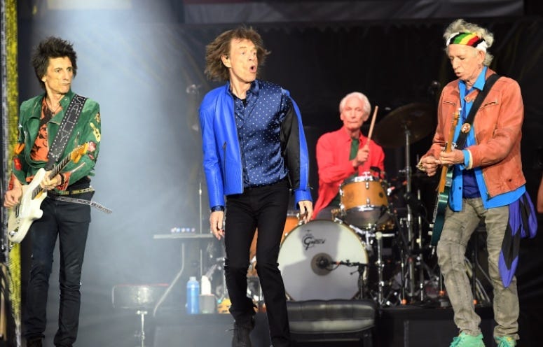 6/15/2018 - Ronnie Wood, Mick Jagger, Charlie Watts and Keith Richards of The Rolling Stones perform on stage at the Principality Stadium in Cardiff on June 15, 2018