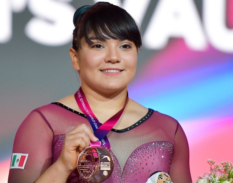 Alexa Moreno of Mexico poses with his bronze medal on the podium after winning the Women's Vault Final at the 48th Gymnastics World Championships in Doha, capital of Qatar, Nov. 02, 2018. Alexa Moreno won the bronze medal with 14.508(Xinhua/Nikku)