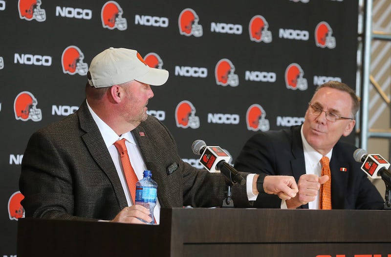 New Cleveland Browns head coach Freddie Kitchens fist bumps General Manager John Dorsey during a press conference on Monday, Jan. 14, 2019 at FirstEnergy Stadium in Cleveland, Ohio. (Photo by Phil Masturzo/Akron Beacon Journal/TNS/Sipa USA)