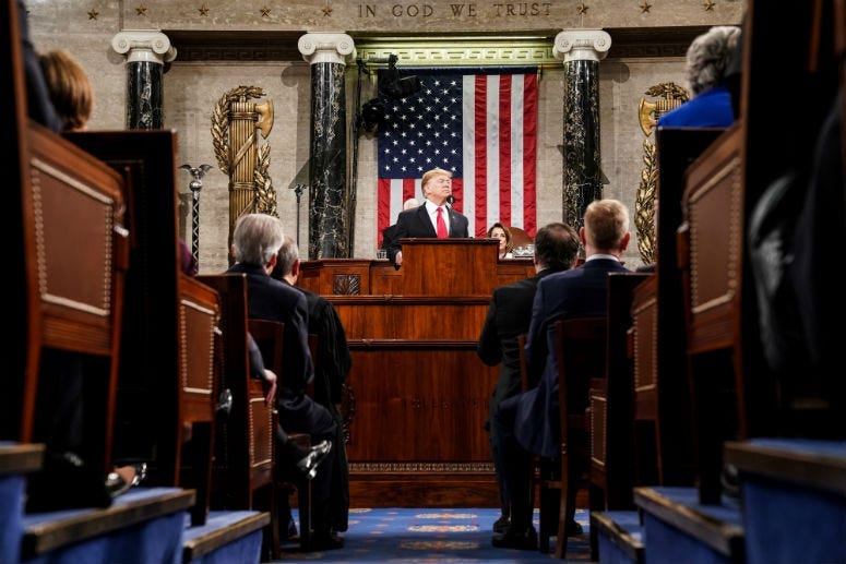 FEBRUARY 5, 2019 - WASHINGTON, DC: President Donald Trump delivered the State of the Union address, with Vice President Mike Pence and Speaker of the House Nancy Pelosi, at the Capitol in Washington, DC on February 5, 2019.