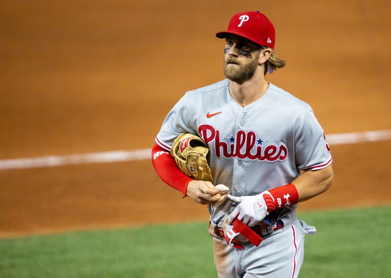 Philadelphia Phillies outfielder Bryce Harper (3) walks back to the Phillies dugout after the end of the seventh inning against the Miami Marlins on Monday, September 14, 2020 at Marlins Park in Miami, Florida.