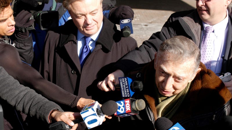 Pennsylvania State Sen. Vincent Fumo (top left) arrives for his arraignment at the William J. Green Federal Building in Philadelphia, Pennsylvania with lawyer Richard Sprague, February 7, 2007.