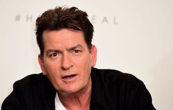 Charlie Sheen is seen at a press conference to endorse Lelo Hex condoms