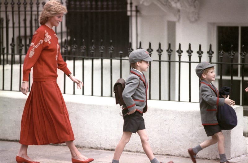 prince harry, age 5, on first day at wetherby school with princess diana and prince william, aged 7, in september 1989