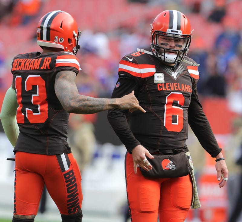 Cleveland Browns Odell Beckham Jr. greets Baker Mayfield before the game against the Buffalo Bills on Sunday, Nov. 10, 2019 in Cleveland, Ohio, at FirstEnergy Stadium. (Photo by Phil Masturzo/Akron Beacon Journal/TNS/Sipa USA)