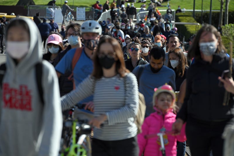 Visitors embark on a ferry after visiting Governors Island on opening day, New York, NY, May 1, 2021