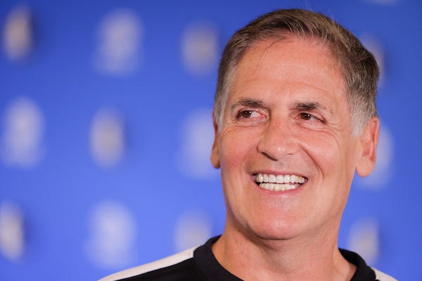 Mavericks owner Mark Cuban seen smiling at a press conference after Luka Doncic’s signing of a 5-year extension contract with Mavericks
