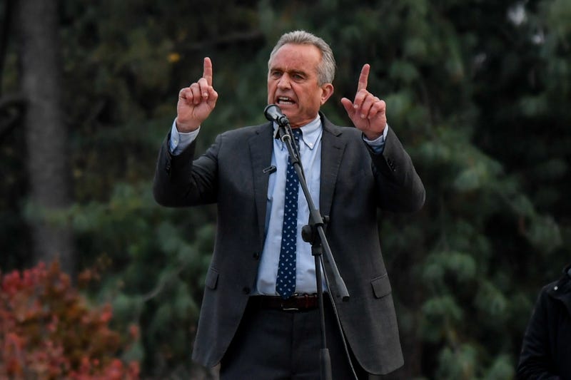 Robert Kennedy Jr speaks to a crowd protesting the green pass in Milan, Italy, on November 13, 2021.(Photo by Claudio Furlan / LaPresse / Sipa USA)