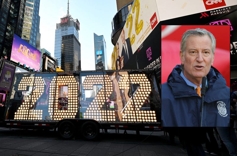 The 2022 New Year's Eve numerals are displayed in Times Square on Dec. 21. Inset: Mayor Bill de Blasio