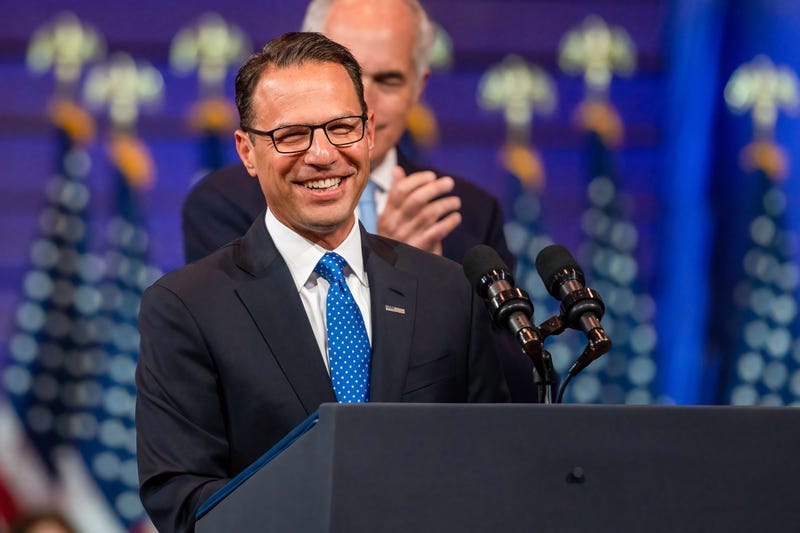 Gubernatorial candidate Josh Shapiro smiles at the podium. President Joe Biden made a visit to Wilkes-Barre, Pennsylvania to discuss his plan to reform gun control, during his speech he touted beating the NRA. Biden is visiting cities for his Safer America plan.