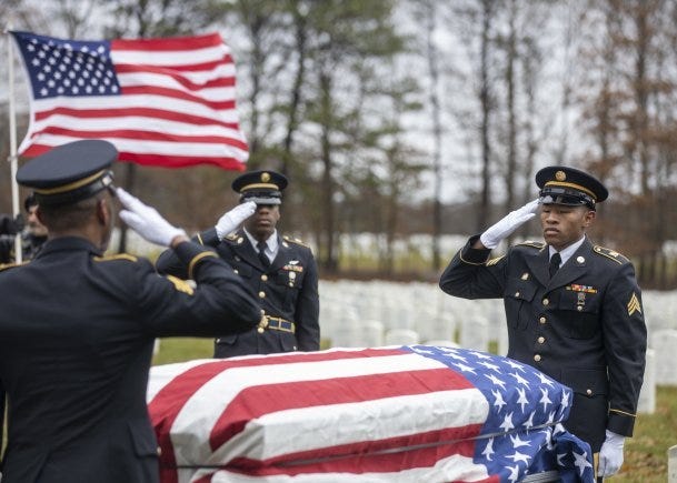 Members of the New York Military Forces Honor Guard provide military honors for the funeral service of former Army paratrooper Pvt. Needham Mayes at Calverton National Cemetery, N.Y. Dec. 2, 2019. Mayes, 85, a Soldier dishonorably discharged from the Army
