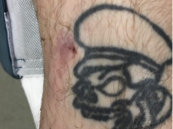 Tattoo found on right leg of man discovered on roadside July 5, 2019 in Madison County Illinois.