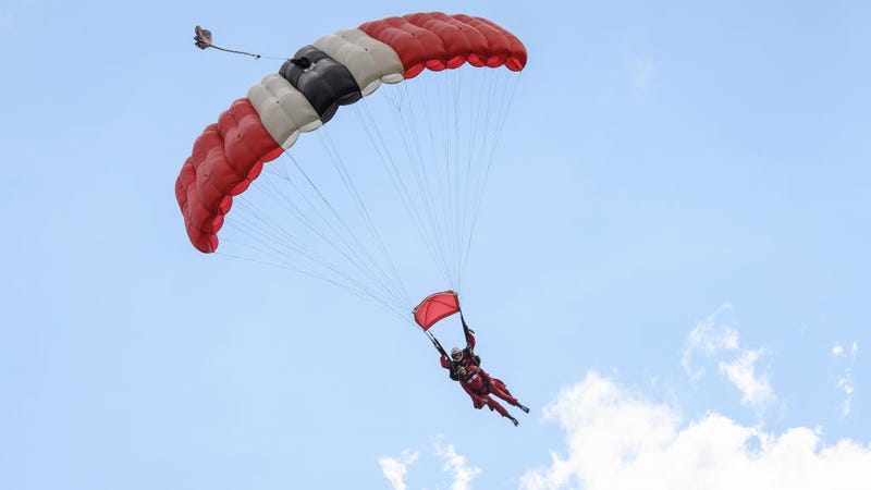 Former paratrooper Fred Glover comes into land during a skydive at the Old Sarum airfield on August 10, 2017 in Salisbury, England.