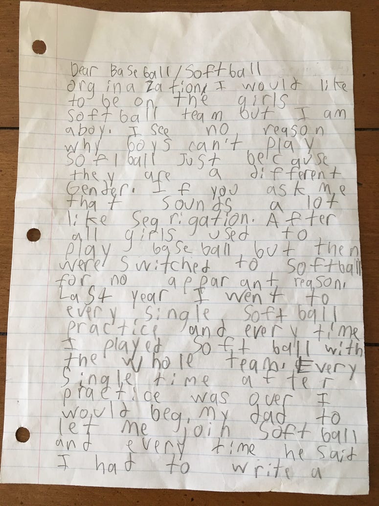Old Tappan boy's letter requesting permission to play softball.
