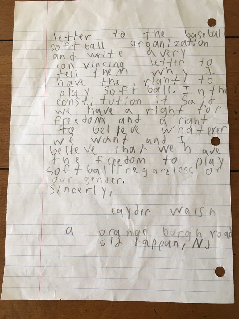 Old Tappan boy's letter requesting permission to play softball.