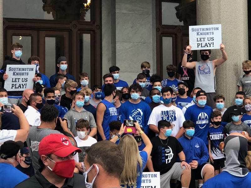 Students from Southington, CT protest CIAC's decision to cancel fall football, Sept. 9, 2020 at the CT State Capitol