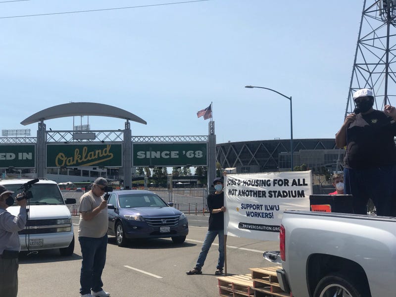 Protesters started at the Oakland Coliseum to raise against the A's planned stadium at Howard Terminal
