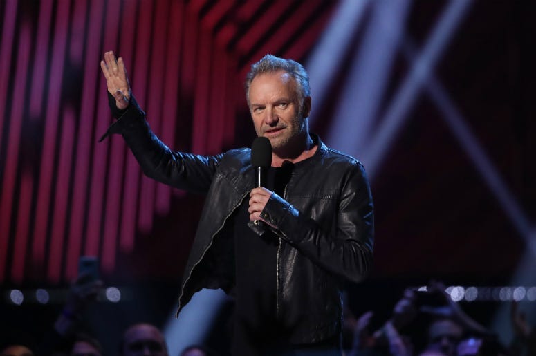 Sting speaks before presenting the award for R&B / Soul Recording of the Year during the 2019 Juno Awards