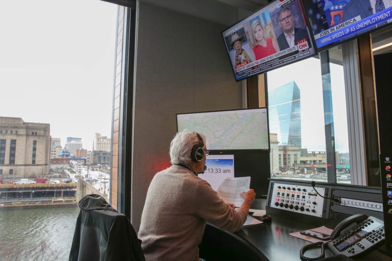 Sam Clover has an unobstructed view of I-76 in the brand new KYW Traffic Center.