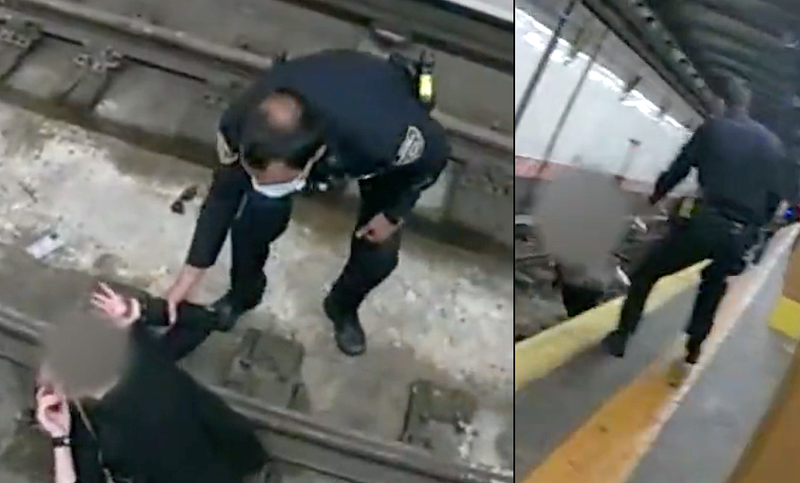 Video shows two officers racing to rescue a woman moments after she fell to the tracks at a subway station in Bay Ridge on Monday morning