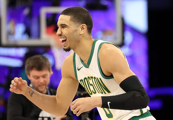 Jayson Tatum celebrates during the 2019 NBA Skills Challenge