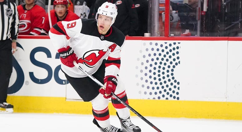 Devils forward Taylor Hall skates with the puck against the Carolina Hurricanes at PNC Arena. The Carolina Hurricanes on March 2, 2018 in Raleigh, North Carolina.