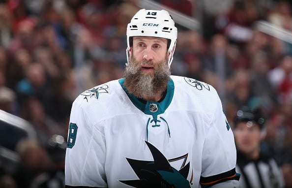 Joe Thornton looks on from the ice during a Sharks game.