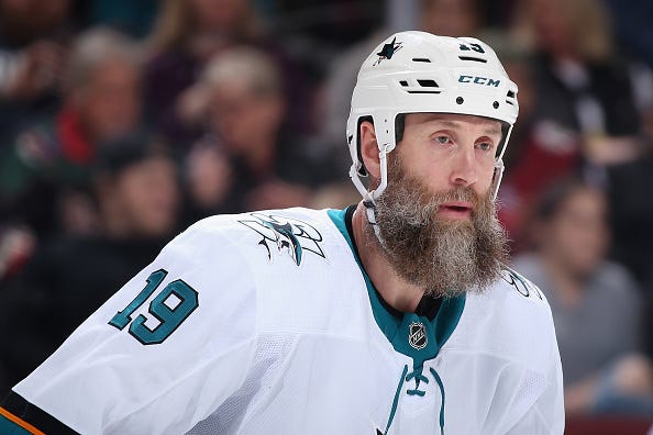 Joe Thornton glides across the ice during a game with the Sharks.