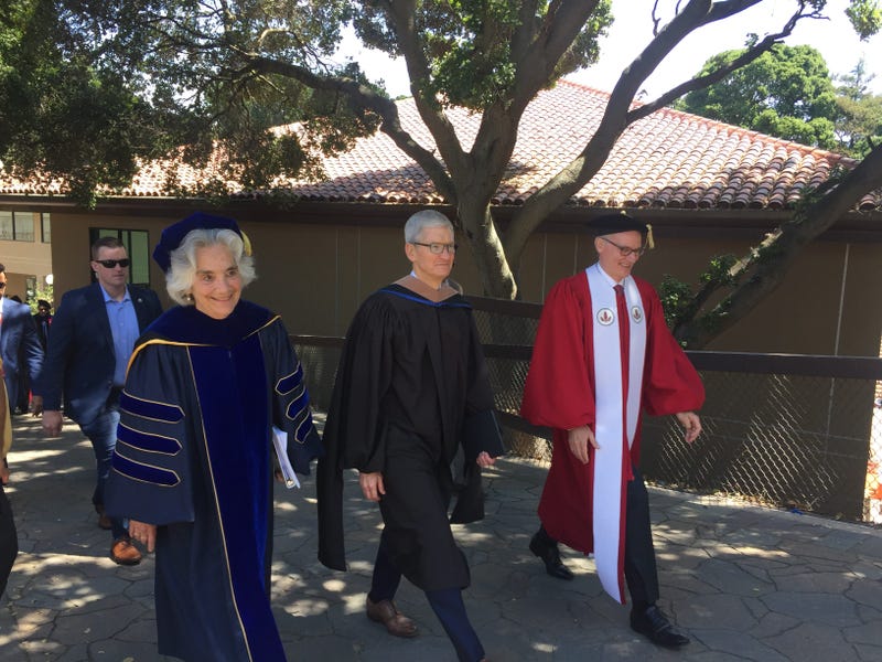 Apple CEO Tim Cook, center, spoke to students graduating from Stanford University on June 16, 2019.
