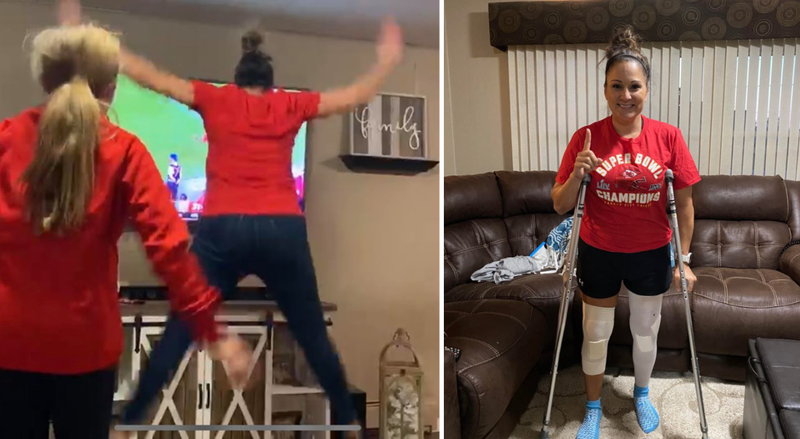 Chiefs fan Crystal Tipton seen on left jumping for joy at Super Bowl win, and on right on crutches