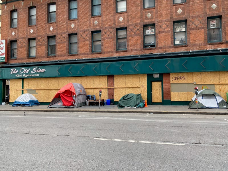 Tents line a street in San Francisco's Tenderloin neighborhood