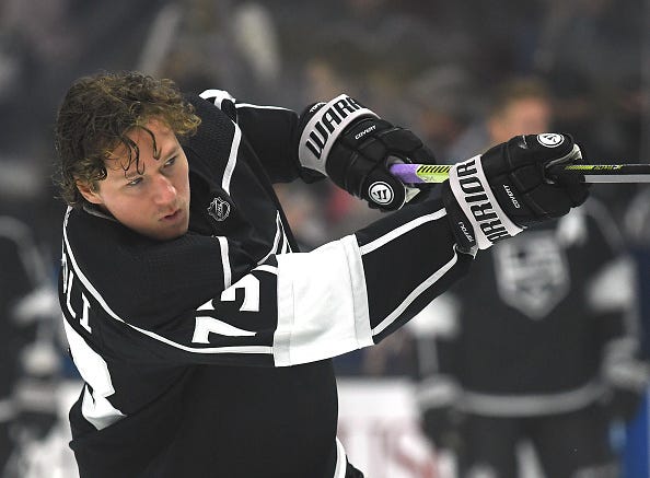 Tyler Toffoli fires a shot during warmups sans helmet.