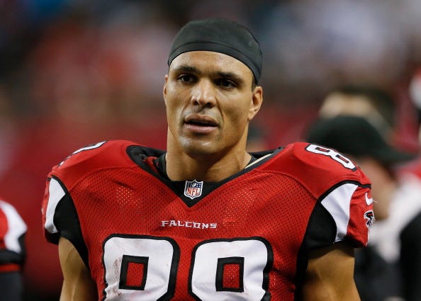 Tony Gonzalez looks on as a member of the Atlanta Falcons.