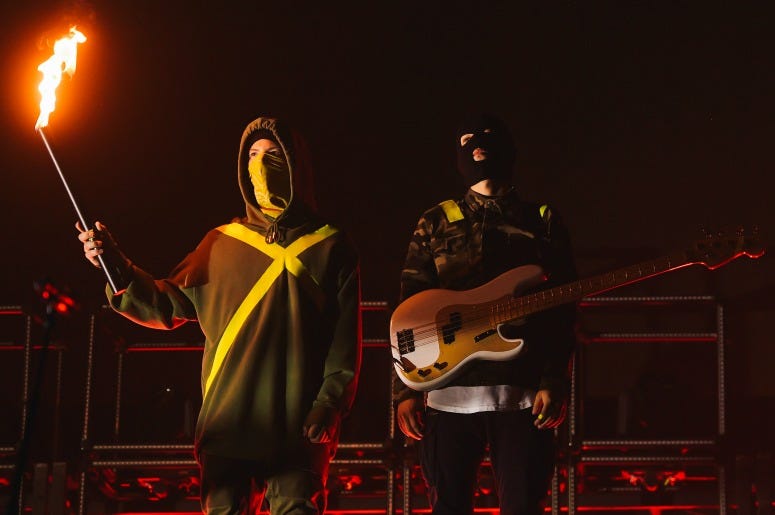 Josh Dun and Tyler Joseph of Twenty One Pilots perform at Staples Center on November 01, 2019