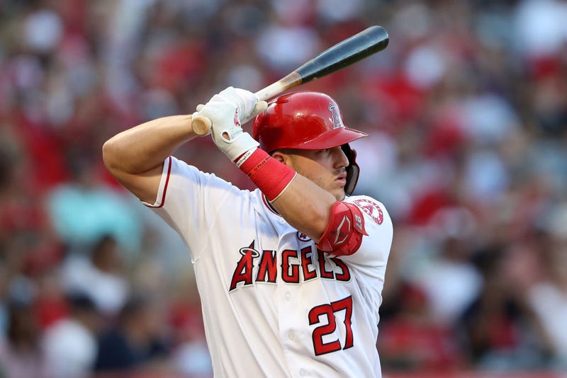 Mike Trout locks in at the plate during an Angels game.