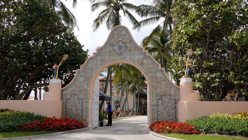 An entranceway to former President Donald Trump's Mar-a-Lago resort on February 11, 2022 in Palm Beach, Florida.