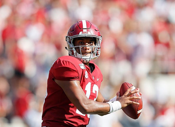Alabama QB Tua Tagovailoa eyes his receivers down field.