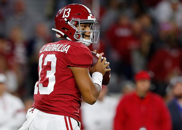 Tua Tagovailoa looks to pass for Alabama.