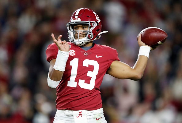Tua Tagovailoa winds up as he eyes an Alabama receiver downfield.